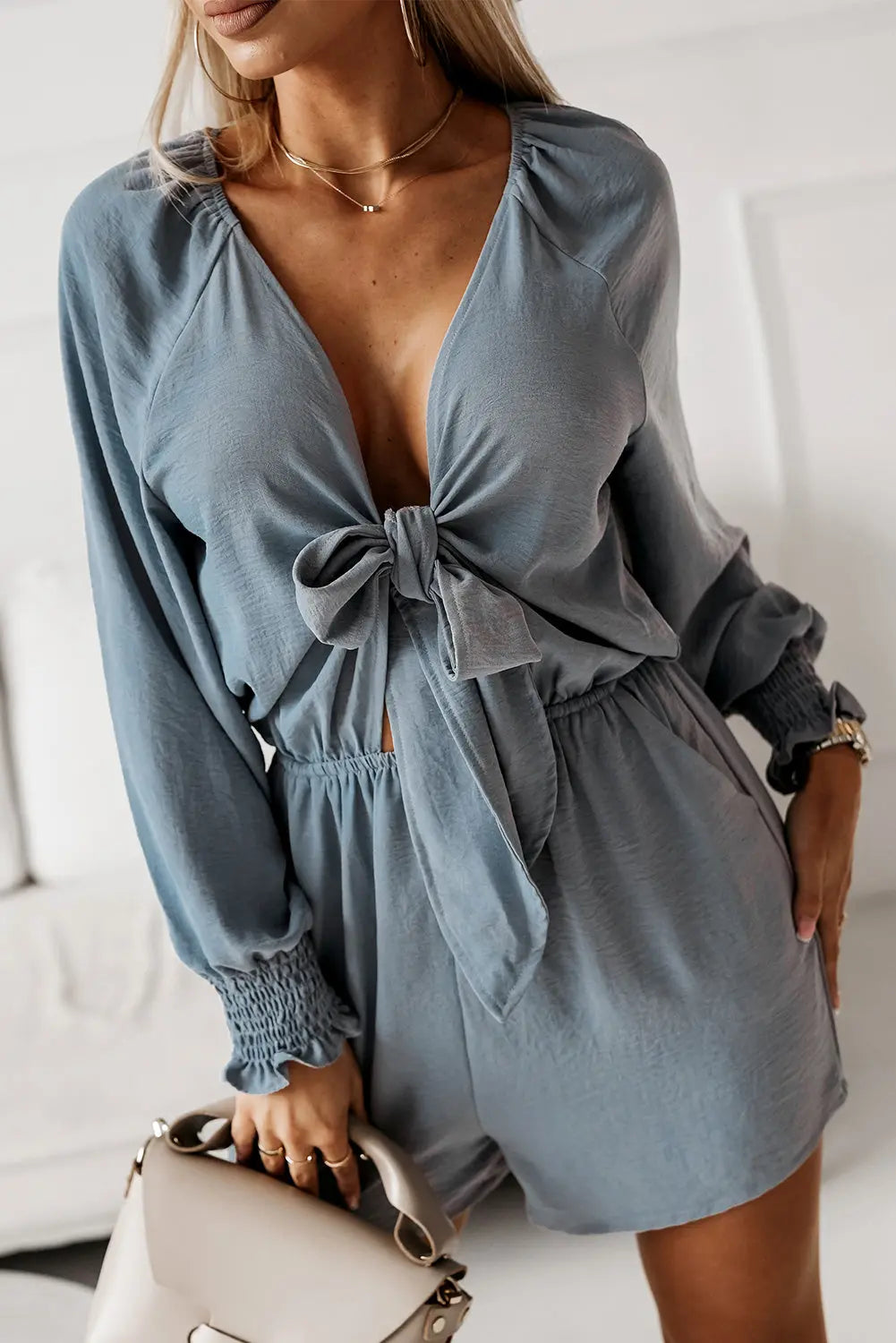 Tied Flounce Sleeve Plunge Romper Trendsi