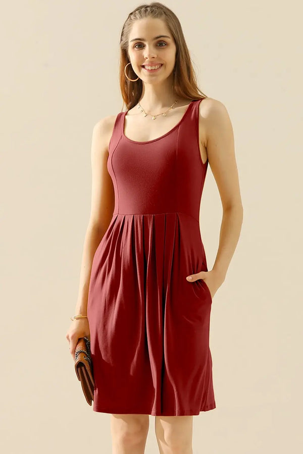  Full Size Round Neck Ruched Sleeveless Dress with Pockets -BazaarBey - www.shopbazaarbey.com