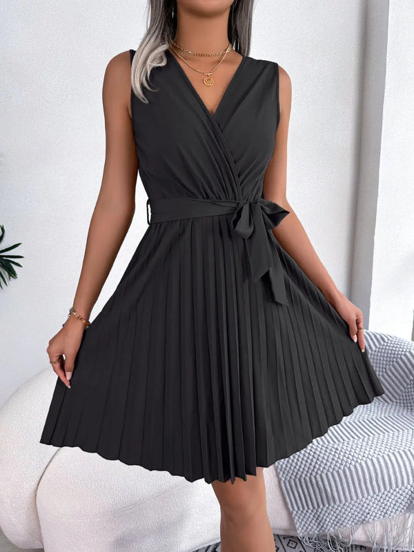 Tied  Sleeveless Pleated Dress -BazaarBey - www.shopbazaarbey.com