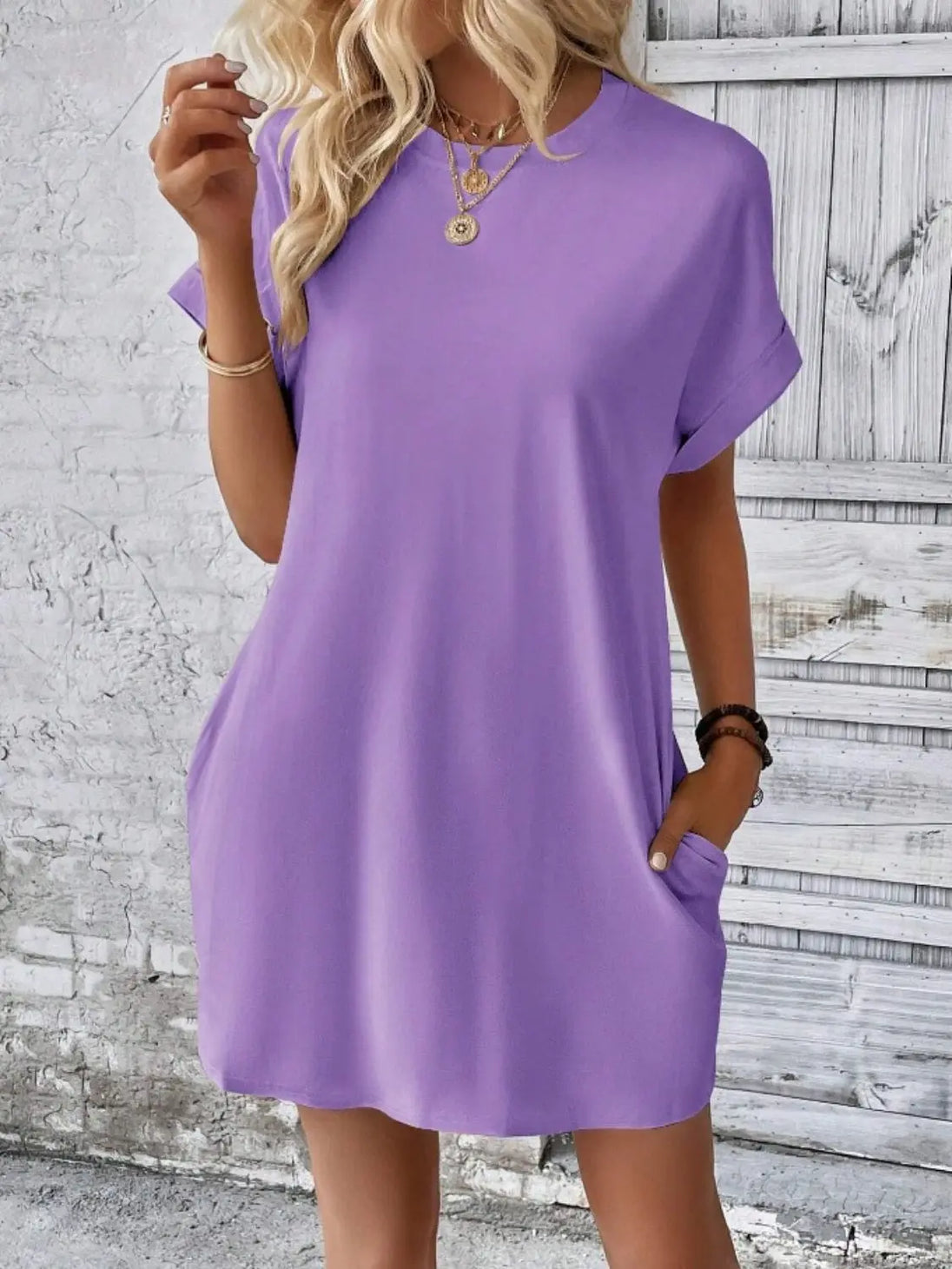 Pocketed Round Neck Short Sleeve Dress -BazaarBey - www.shopbazaarbey.com