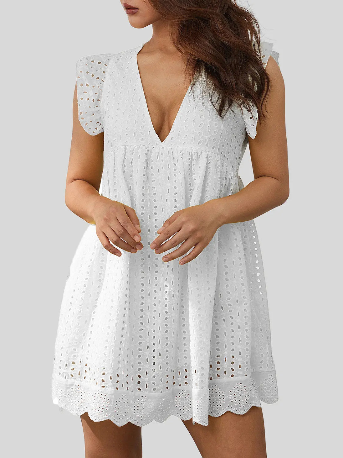 Ruffled Eyelet Cap Sleeve Mini Dress Trendsi