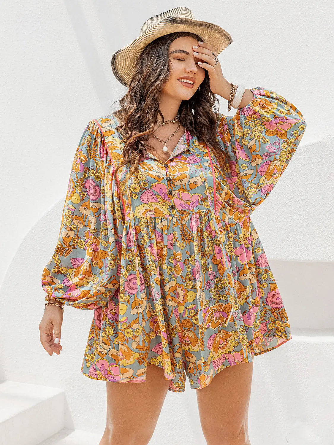  Floral Tie Neck Balloon Sleeve Romper Trendsi