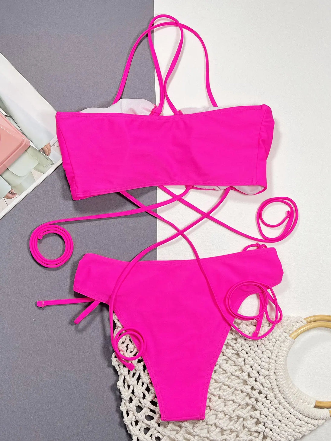 Halter Neck Drawstring Detail Bikini Set Trendsi