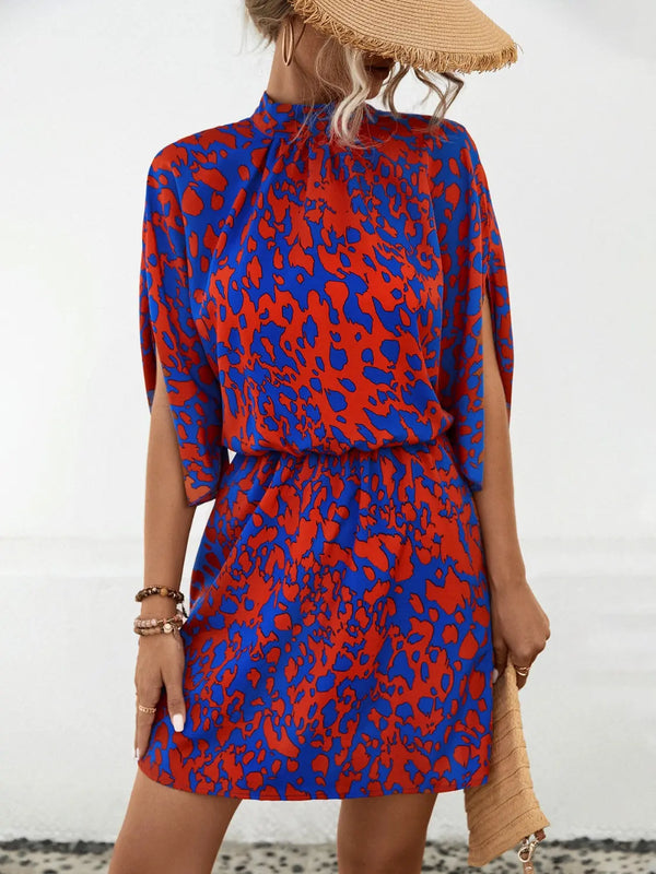 Tied Printed Mock Neck Mini Dress -BazaarBey - www.shopbazaarbey.com