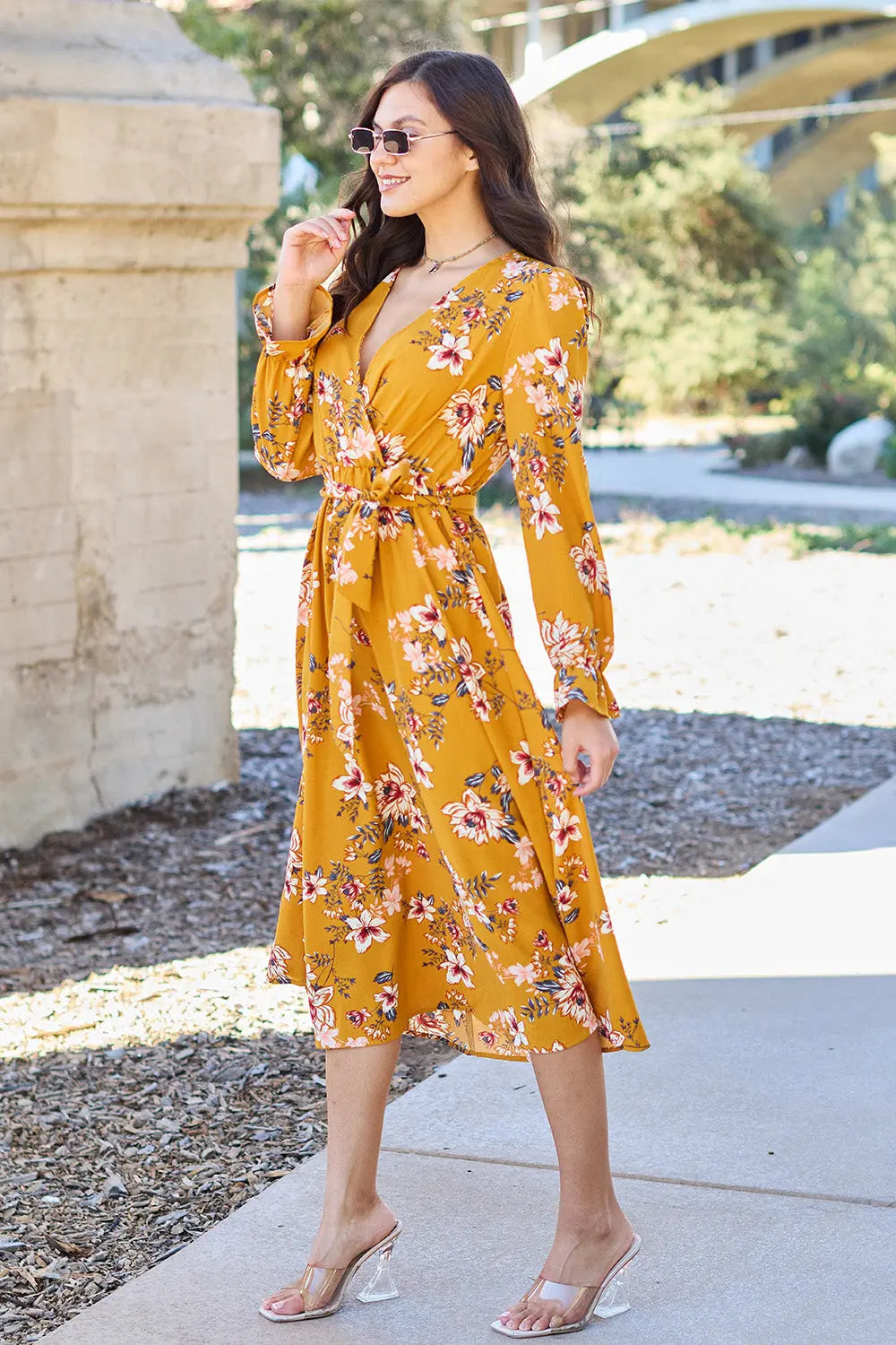  Full Size Floral Tie Back Flounce Sleeve Dress -BazaarBey - www.shopbazaarbey.com