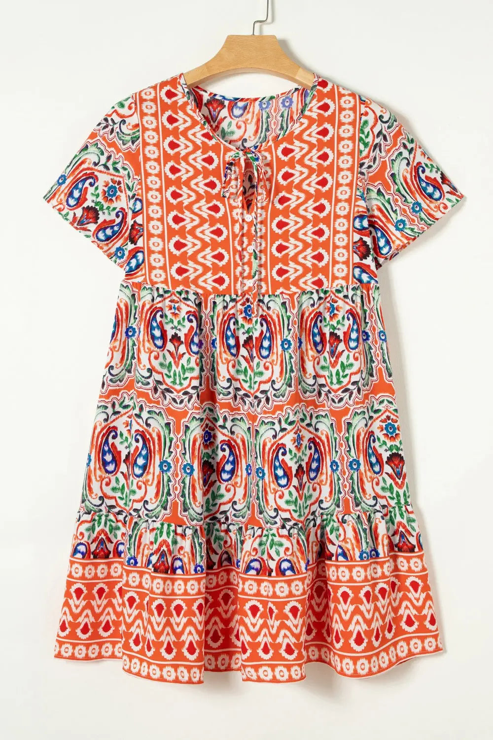 Printed Tie Neck Short Sleeve Dress -BazaarBey - www.shopbazaarbey.com