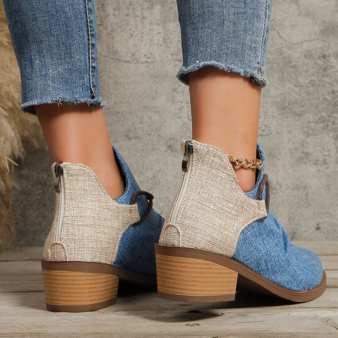 Contrast Canvas Low Heel Boots Trendsi