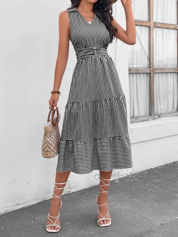 Striped  Sleeveless Midi Dress -BazaarBey - www.shopbazaarbey.com