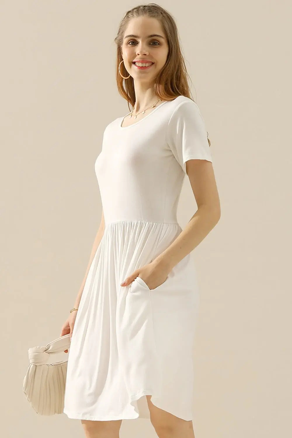   Round Neck Ruched Dress with Pockets 