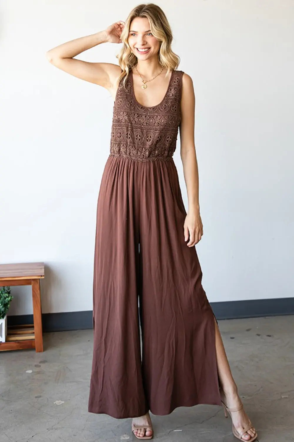  Tie Back Sleeveless Slit Wide Leg Jumpsuit Trendsi