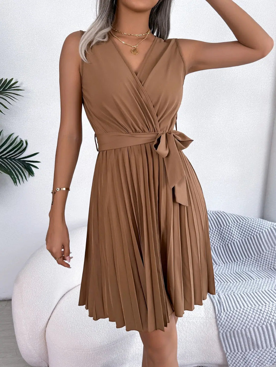 Tied  Sleeveless Pleated Dress -BazaarBey - www.shopbazaarbey.com