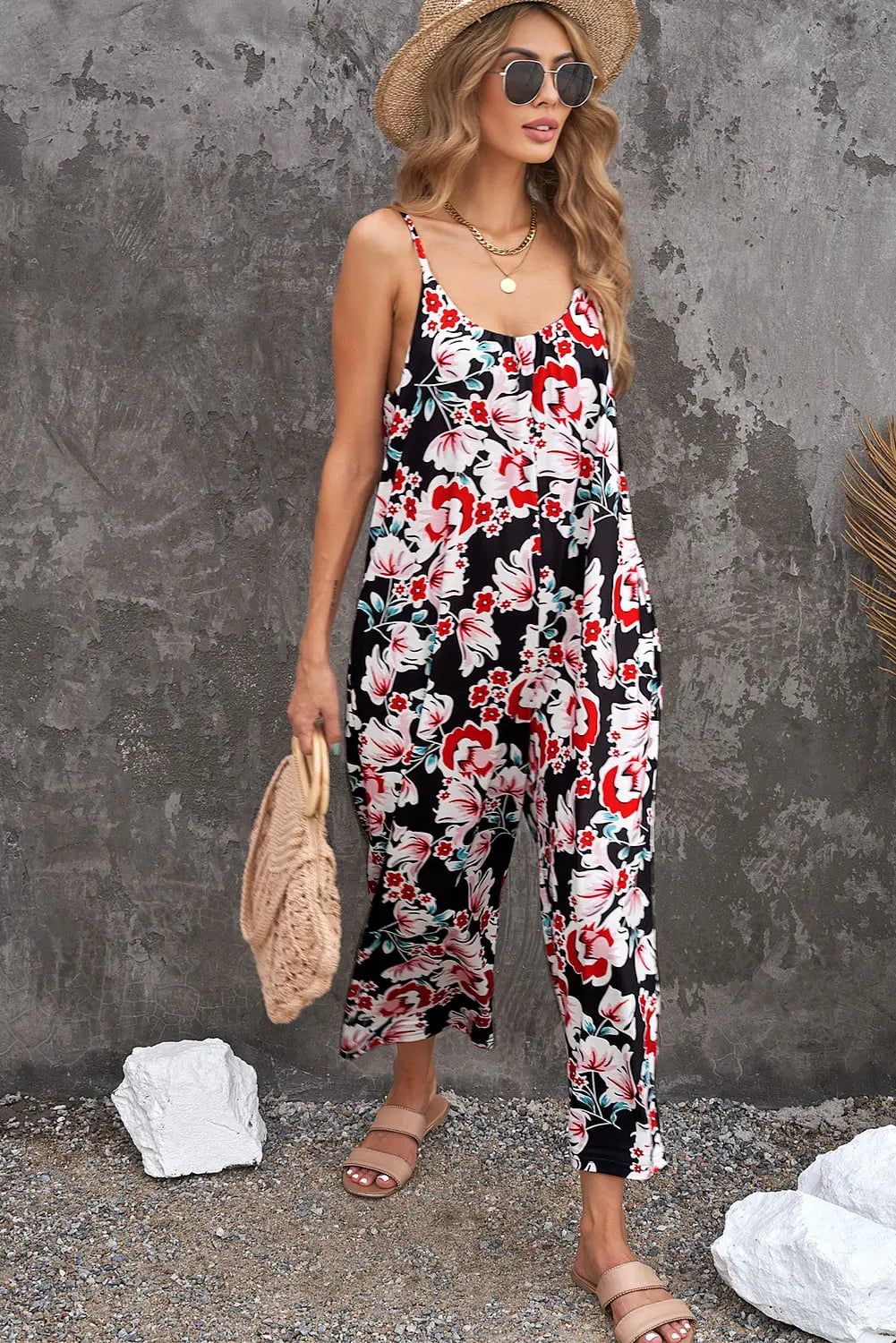 Botanical Print Spaghetti Strap Cropped Jumpsuit Trendsi