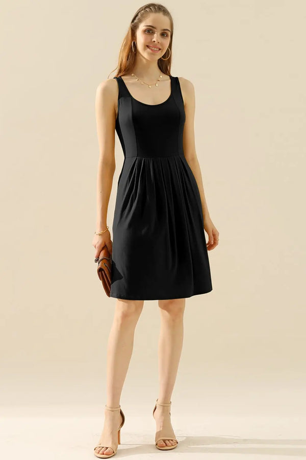  Full Size Round Neck Ruched Sleeveless Dress with Pockets -BazaarBey - www.shopbazaarbey.com