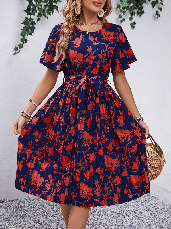 Printed Round Neck Short Sleeve Dress -BazaarBey - www.shopbazaarbey.com