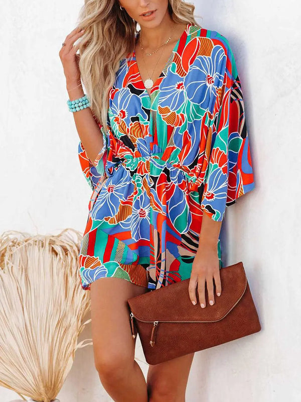 Tied Printed Kimono Sleeve Romper Trendsi