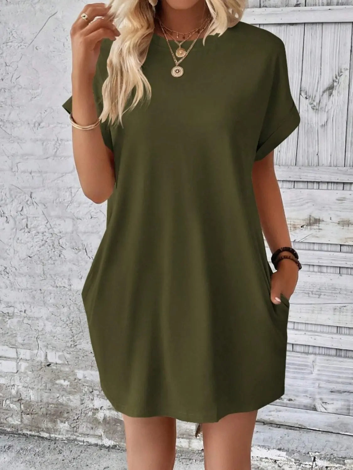 Pocketed Round Neck Short Sleeve Dress -BazaarBey - www.shopbazaarbey.com