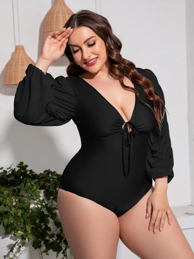  Tied Deep V Balloon Sleeve One-Piece Swimsuit Trendsi