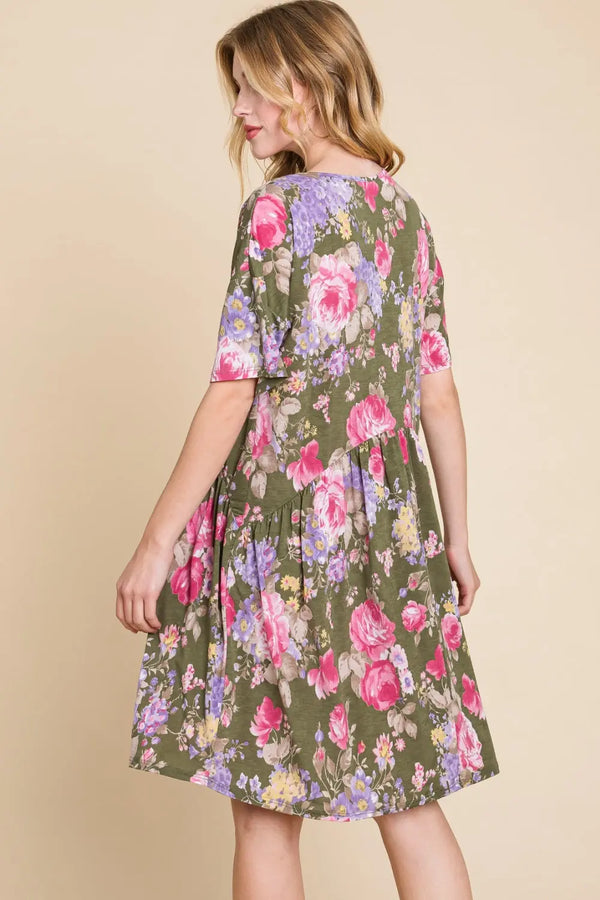  Flower Print V-Neck Ruched Dress -BazaarBey - www.shopbazaarbey.com