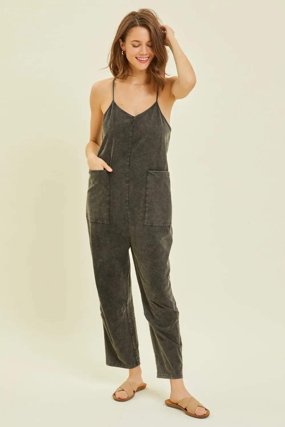 BazaarBey   Mineral-Washed Oversized Jumpsuit with Pockets 