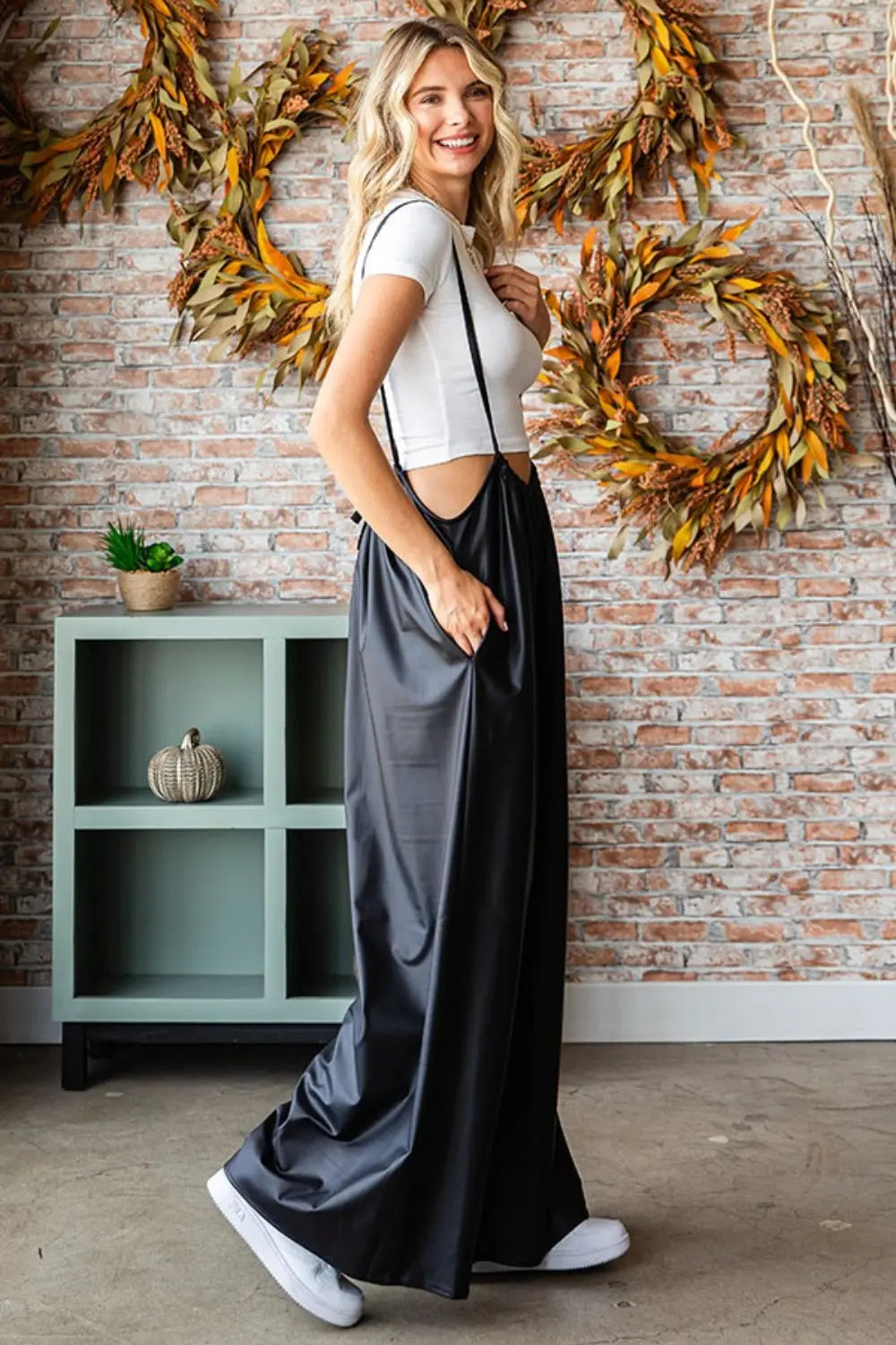 First Love Drawstring Back Spaghetti Strap Wide Leg Overall Trendsi