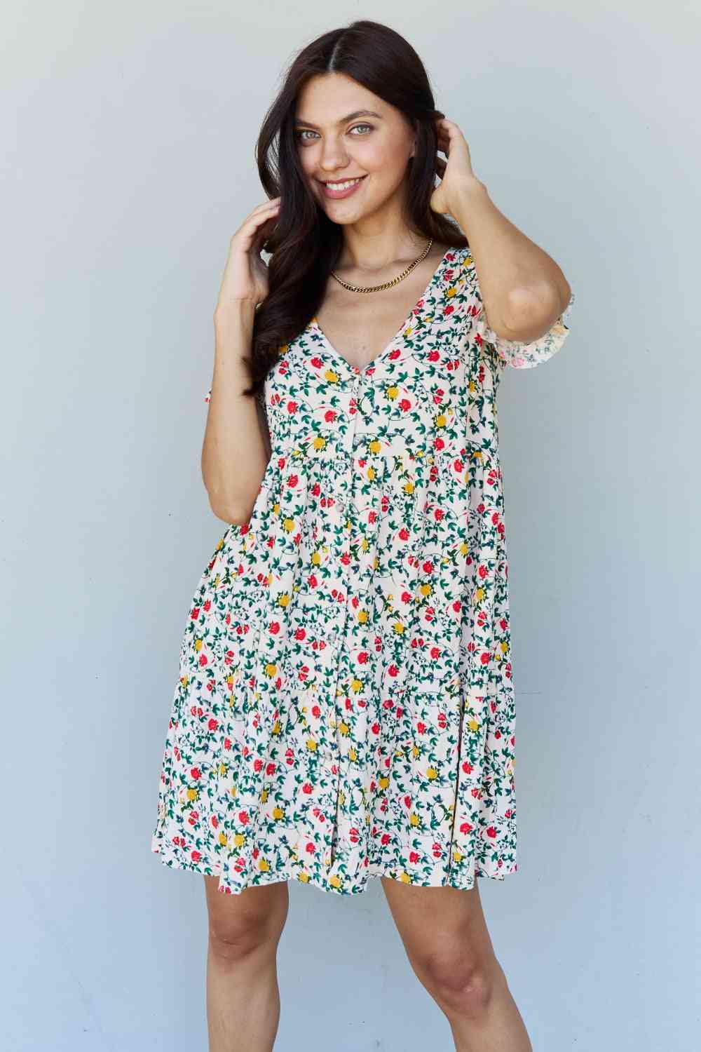  Follow Me Full Size V-Neck Ruffle Sleeve Floral Dress -BazaarBey - www.shopbazaarbey.com