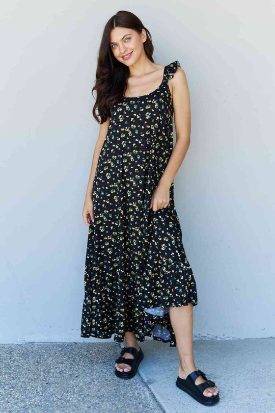  In The Garden Ruffle Floral Maxi Dress in  Black Yellow Floral -BazaarBey - www.shopbazaarbey.com