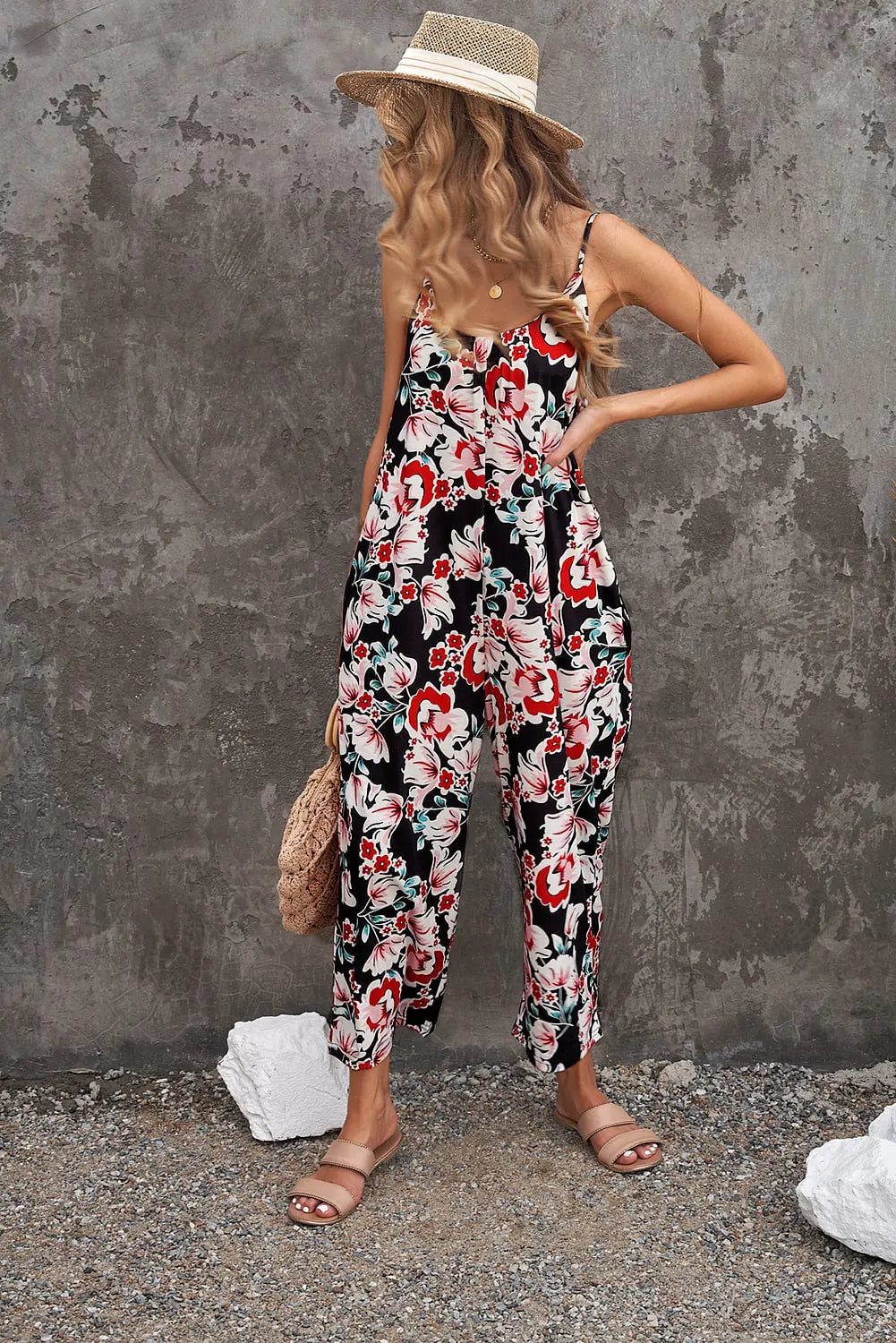 Botanical Print Spaghetti Strap Cropped Jumpsuit Trendsi