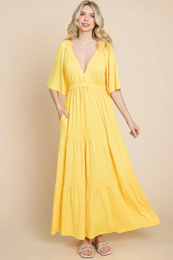  Backless Plunge Half Sleeve Tiered Dress -BazaarBey - www.shopbazaarbey.com