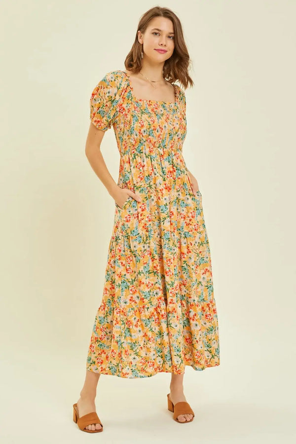  Full Size Floral Smocked Tiered Midi Dress Bazaarbey