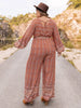  Printed V-Neck Tie Front Balloon Sleeve Jumpsuit Trendsi