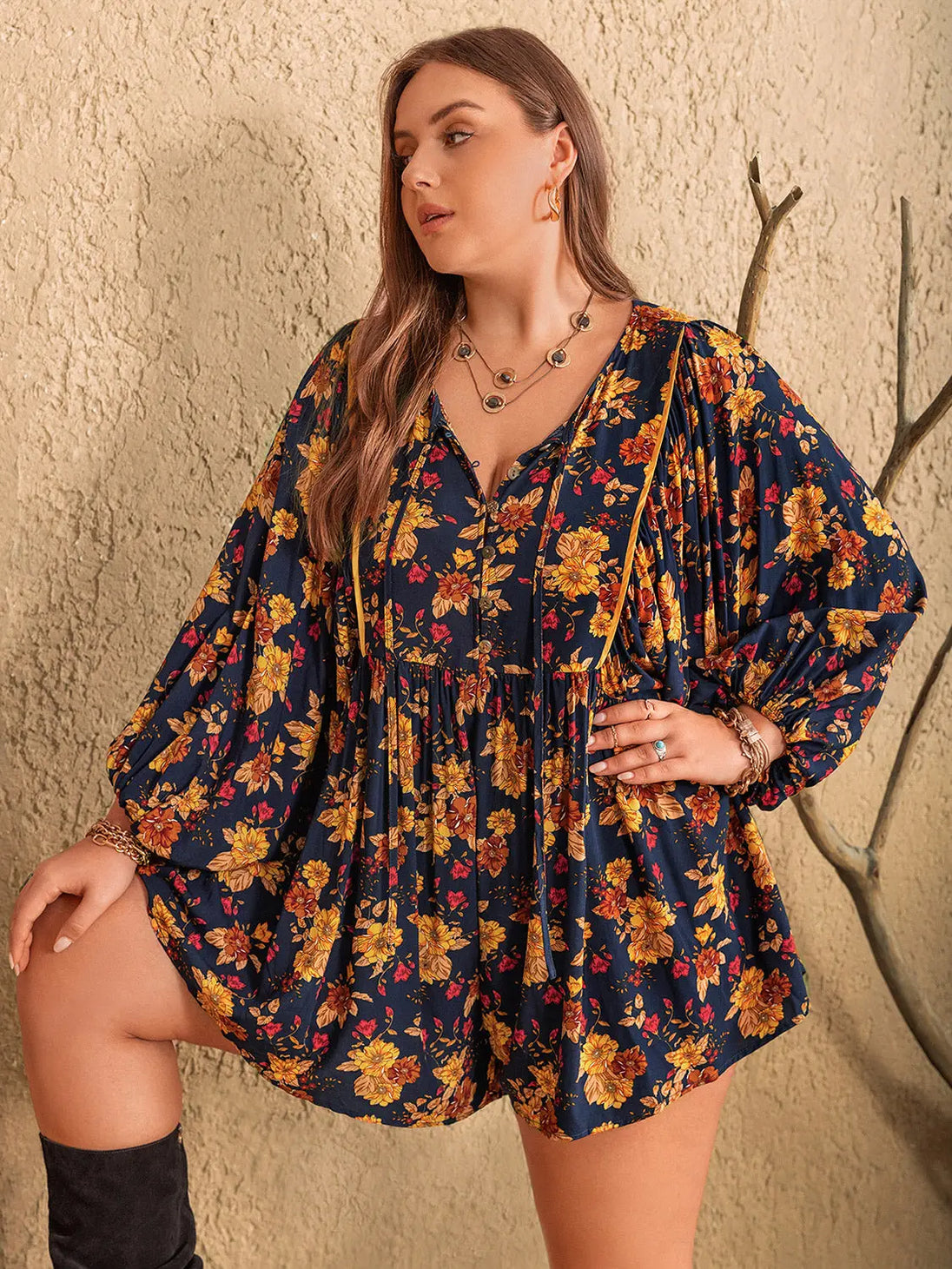 BazaarBey  Floral Tie Neck Balloon Sleeve Romper 