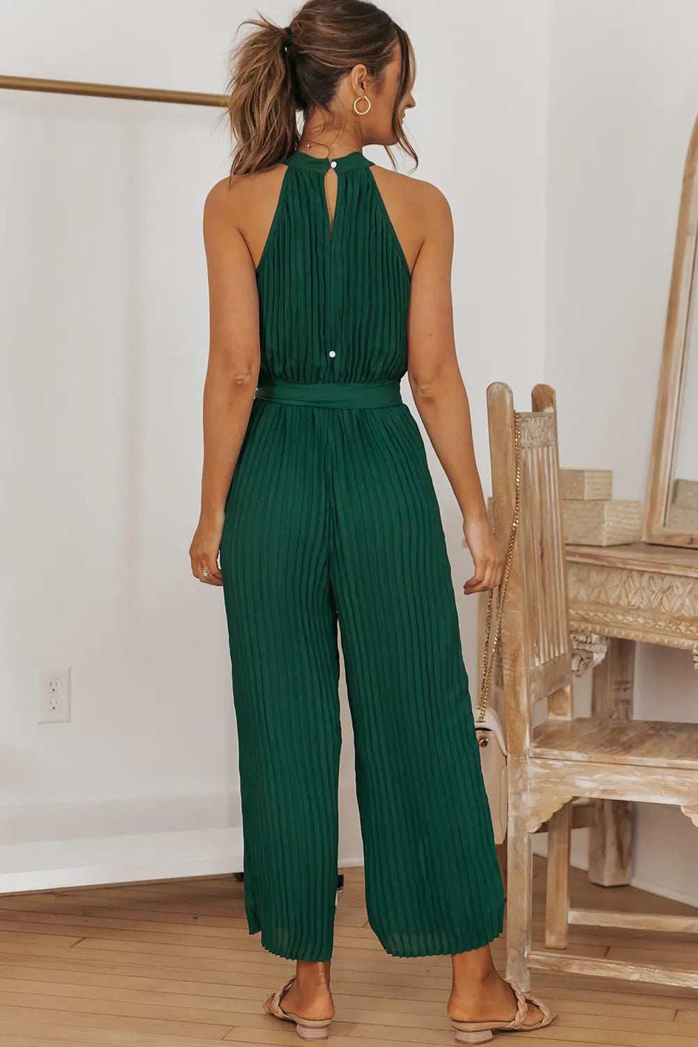 Accordion Pleated Belted Grecian Neck Sleeveless Jumpsuit Trendsi