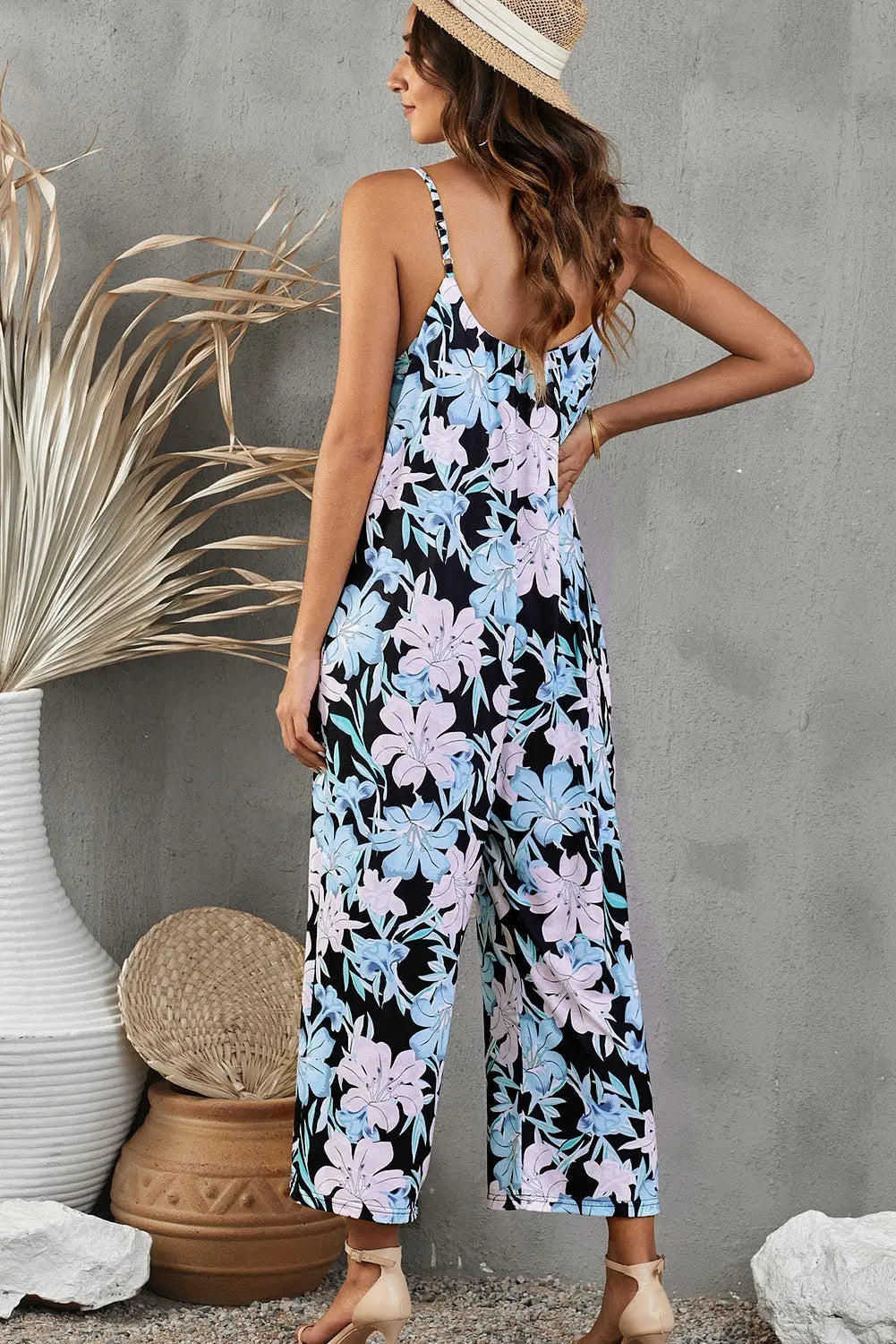 Botanical Print Spaghetti Strap Cropped Jumpsuit Trendsi