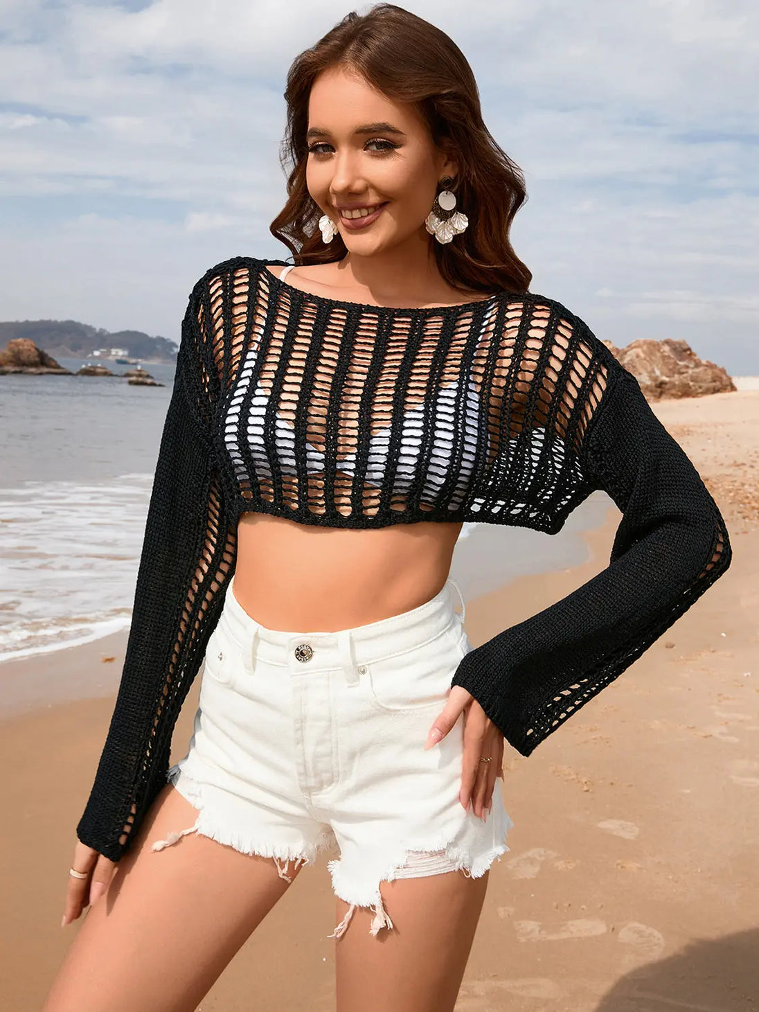 Openwork Boat Neck Long Sleeve Cover-Up Trendsi