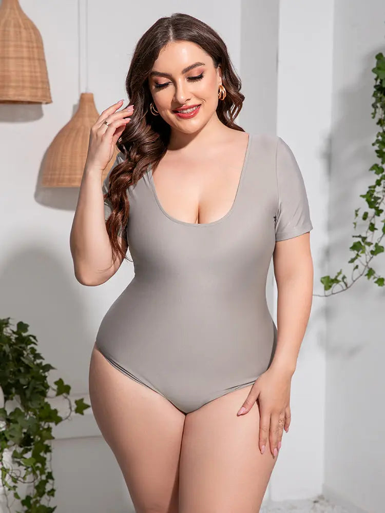  Scoop Neck Short Sleeve One-Piece Swimsuit Trendsi