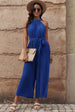 Accordion Pleated Belted Grecian Neck Sleeveless Jumpsuit Trendsi