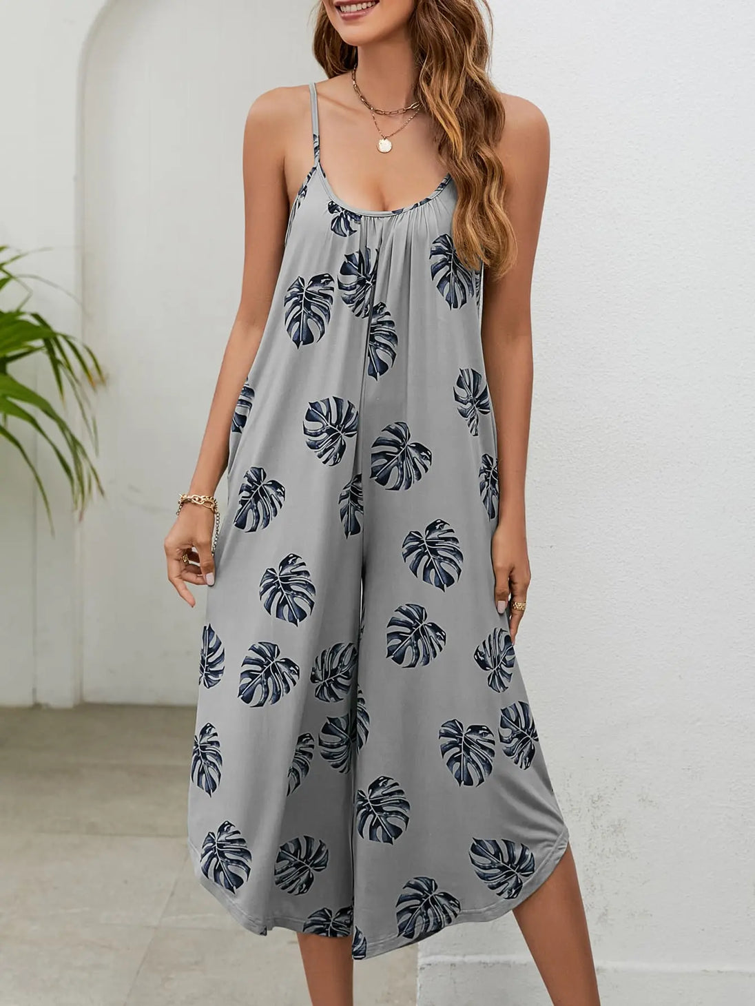 Botanical Print Spaghetti Strap Scoop Neck Jumpsuit Bazaarbey