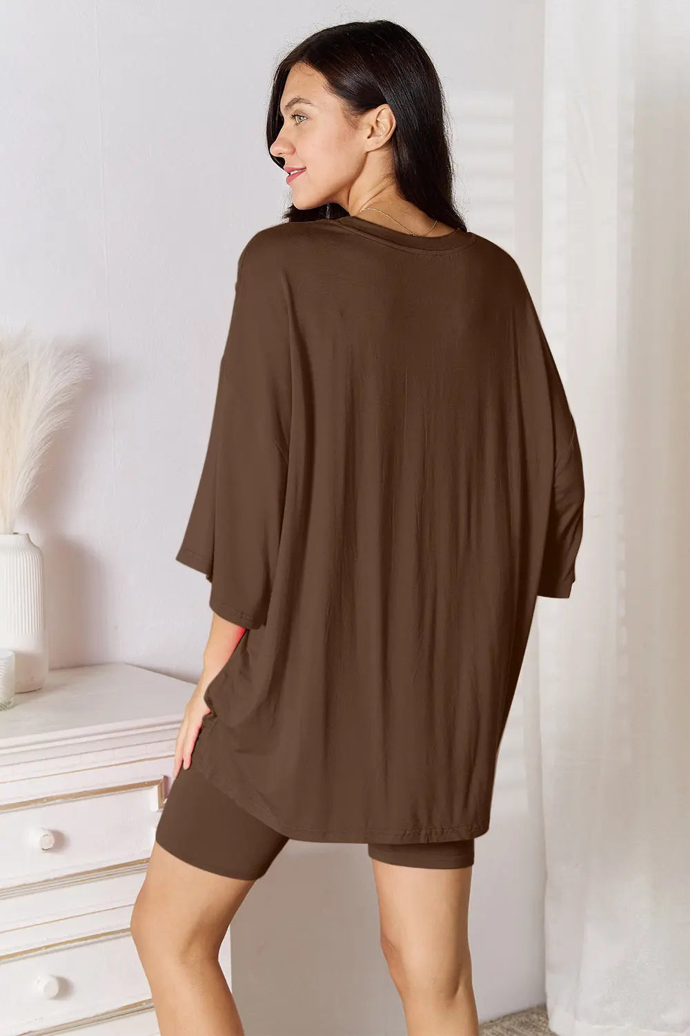  Full Size Soft Rayon Three-Quarter Sleeve Top and Shorts Set Trendsi