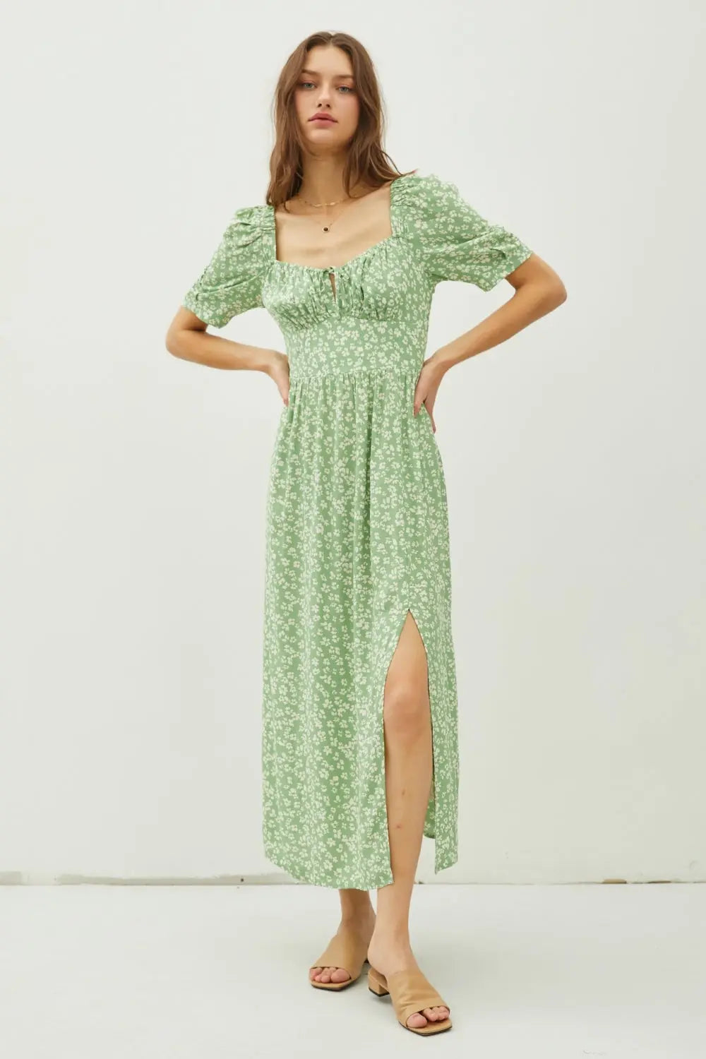  Floral Smocked Back Slit Dress -BazaarBey - www.shopbazaarbey.com