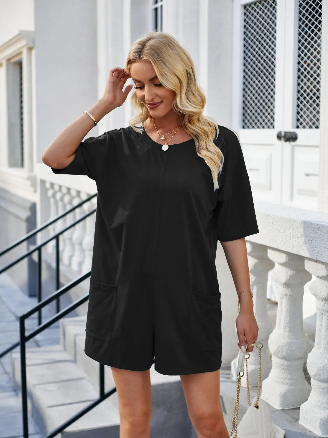 Backless Pocketed Round Neck Half Sleeve Romper Trendsi