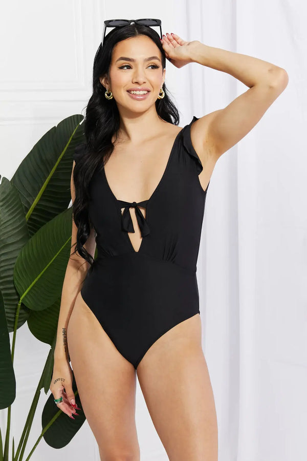 BazaarBey   Seashell Ruffle Sleeve One-Piece in Black 