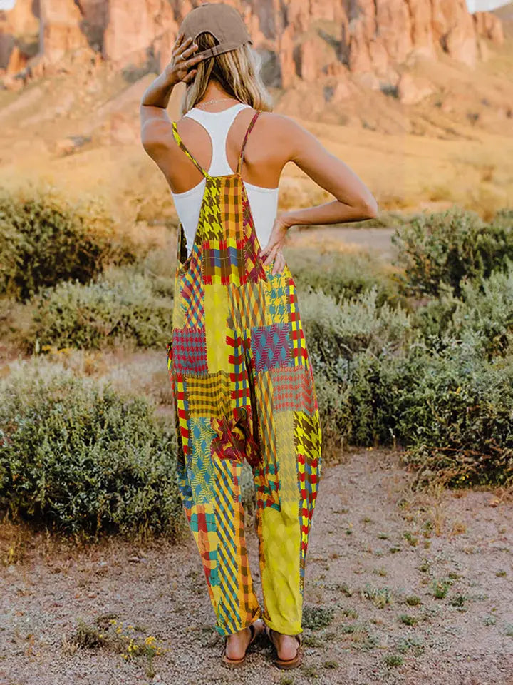  Printed V-Neck Sleeveless Jumpsuit Trendsi