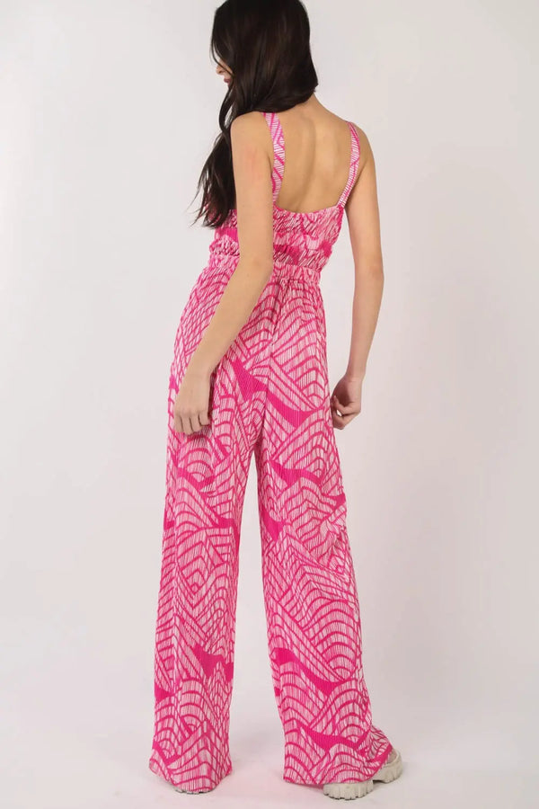  Printed Pleated Sleeveless Wide Leg Jumpsuit Trendsi