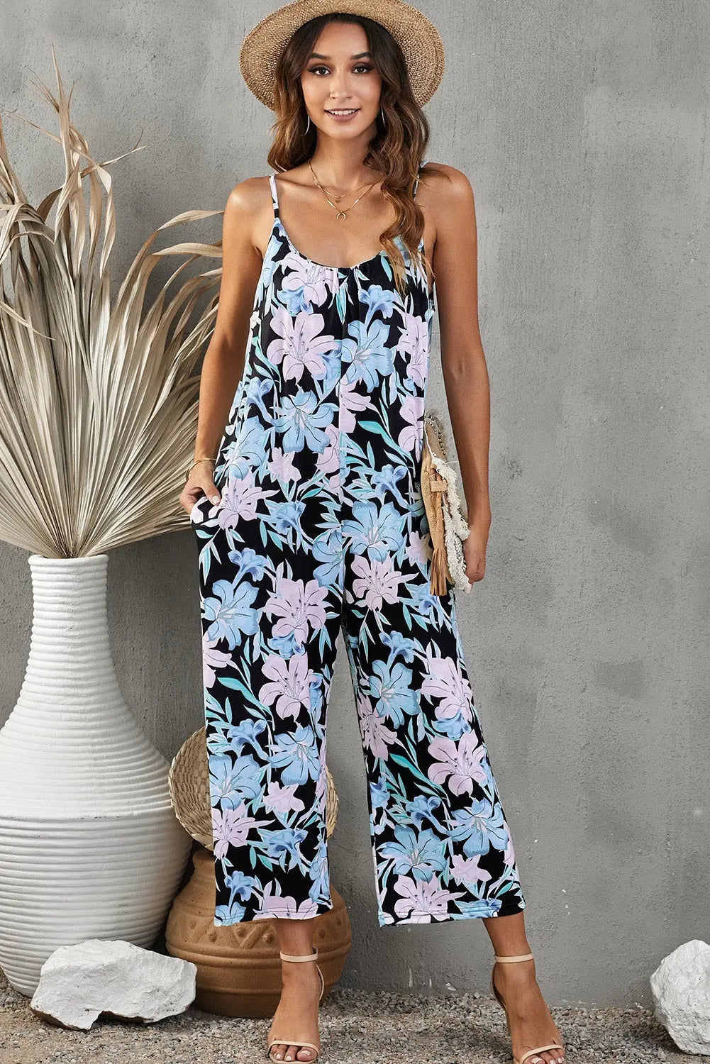 Botanical Print Spaghetti Strap Cropped Jumpsuit Trendsi