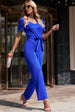 Belted Puff Sleeve V-Neck Jumpsuit Trendsi