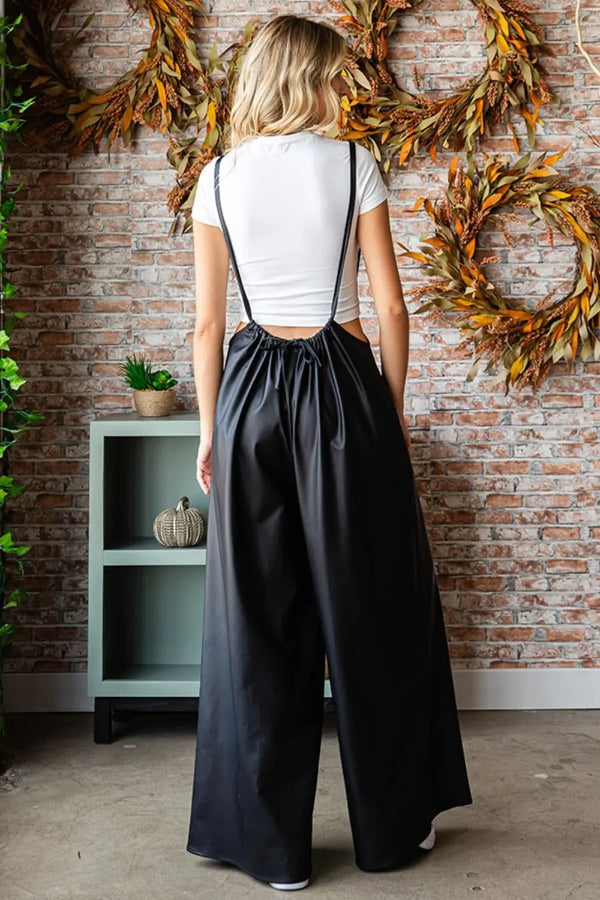 First Love Drawstring Back Spaghetti Strap Wide Leg Overall Trendsi