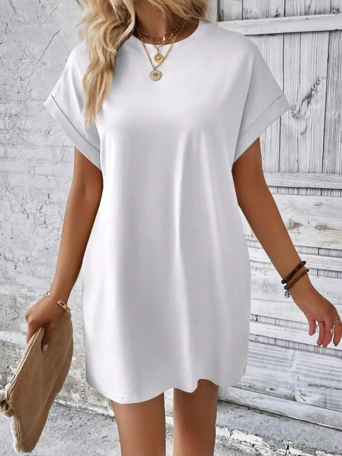 Pocketed Round Neck Short Sleeve Dress -BazaarBey - www.shopbazaarbey.com