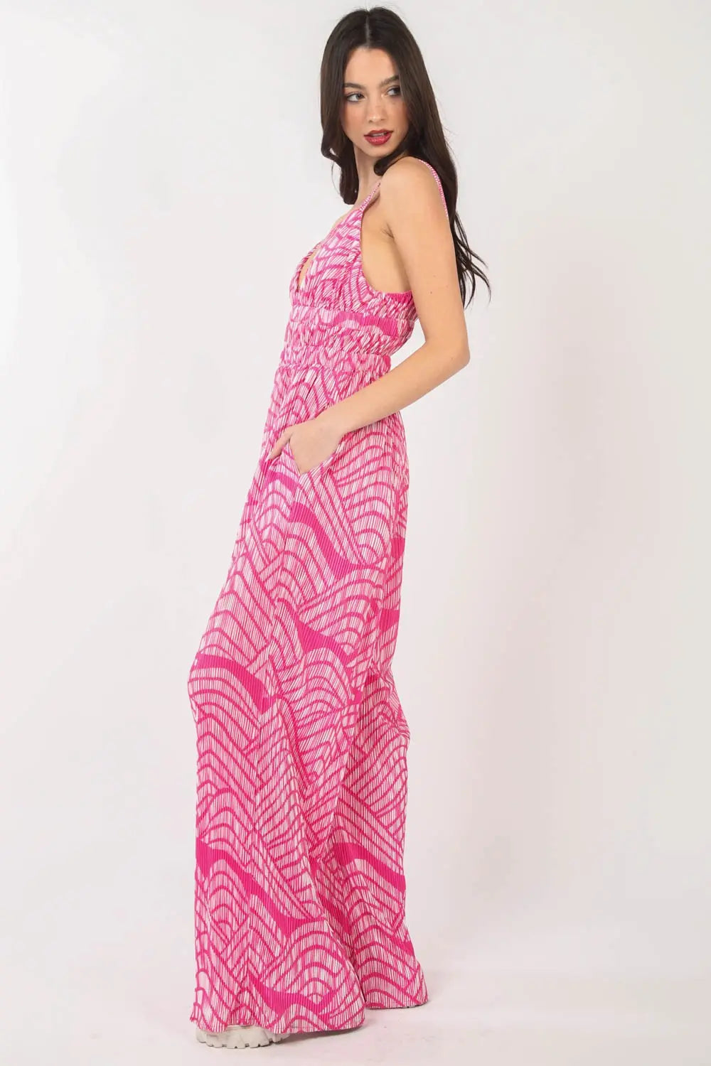  Printed Pleated Sleeveless Wide Leg Jumpsuit Trendsi