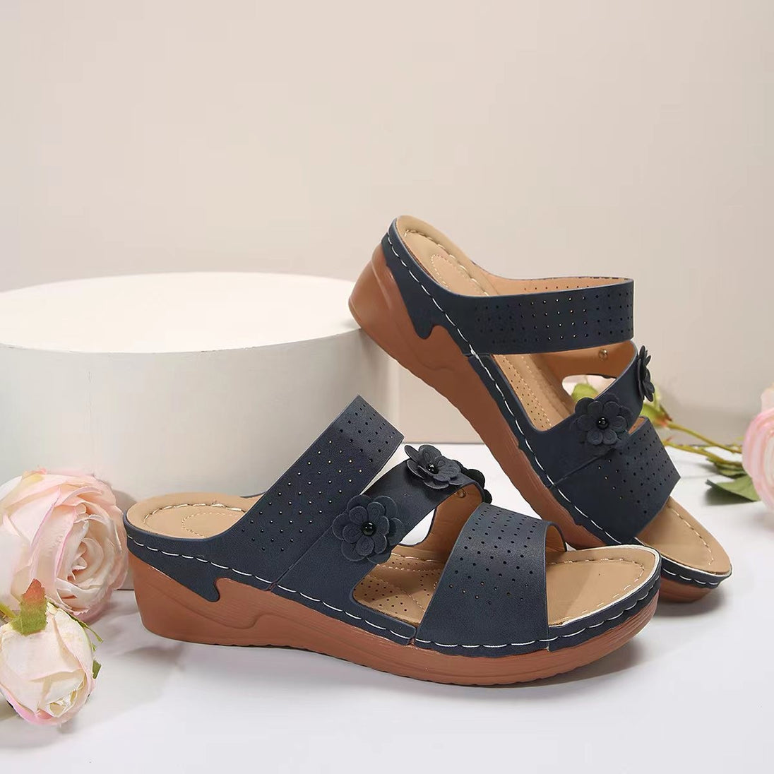 Flower PU Leather Wedge Sandals Trendsi