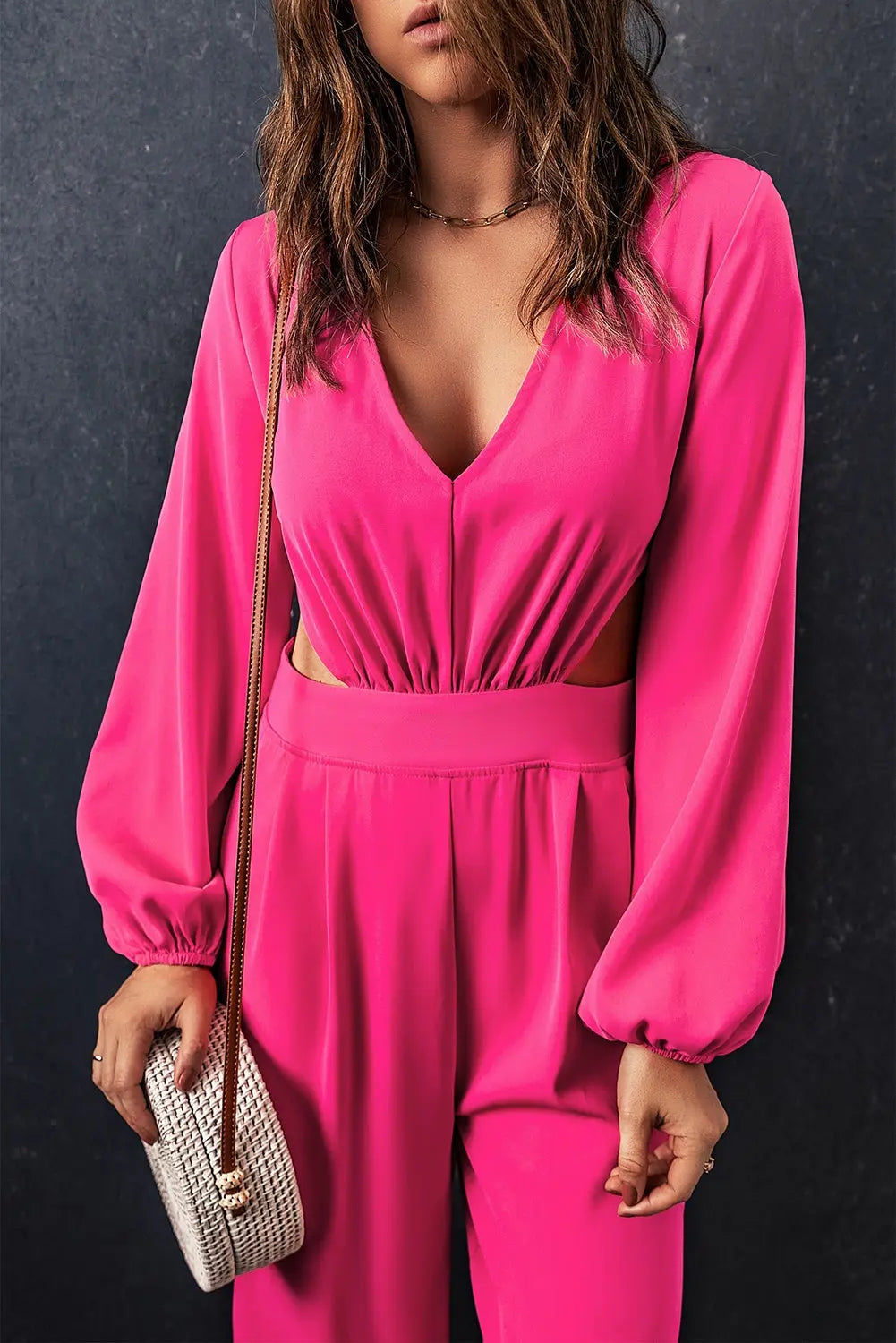 Balloon Sleeve  Plunge Jumpsuit Trendsi